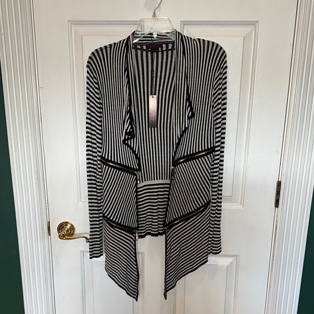 NWT Fontana Striped Open-Front Cardigan Sweater - Black & White with zippers